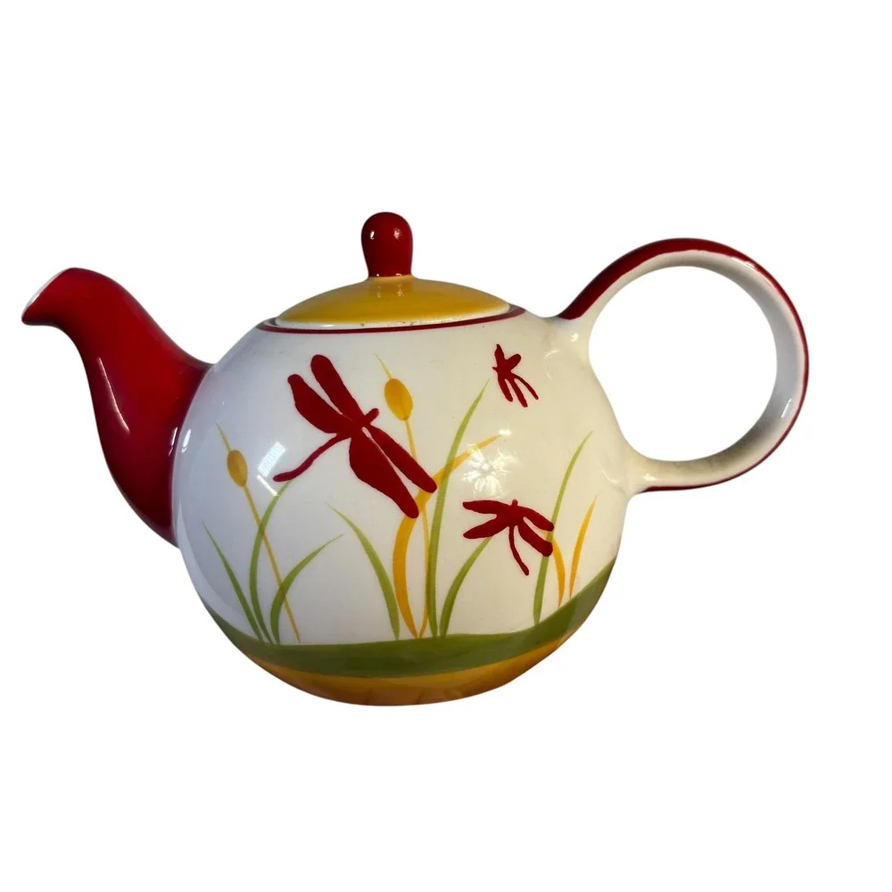 Hues N Brews Dragonfly Tea Set Teapot 2 Cups and Tray Red Yellow White Ceramic